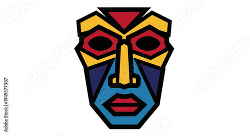 Geometric face mask with colorful patterns.