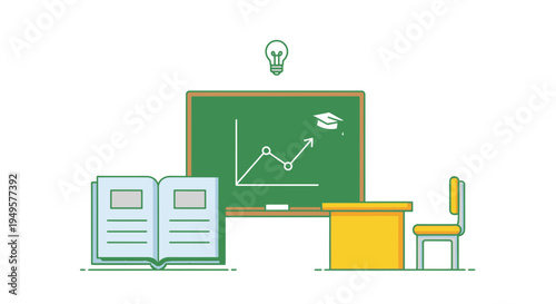 Green chalkboard with graph and books.
