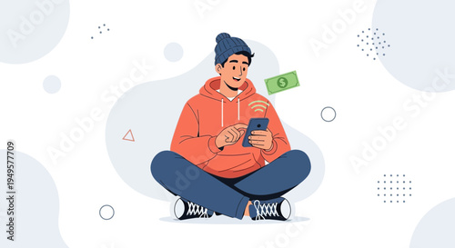 Young man sitting cross-legged, using smartphone, receiving money via mobile payment