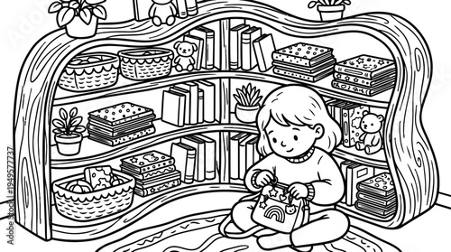 Black and white line art child sitting in front of wooden bookshelf organizing books toys and baskets in cozy room scene