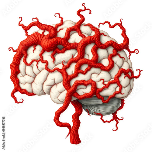 An intricate illustrative depiction of a complex brain-like organic form featuring convoluted red and orange textures on a pristine white background