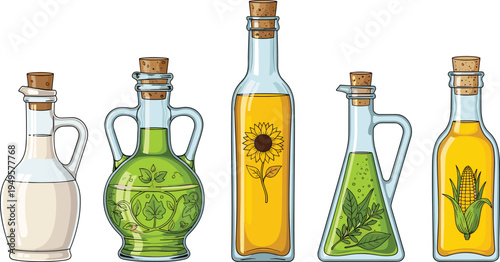 Cartoon-style bottles of herbal, sunflower, corn oil and white liquid with cork stoppers and ingredient illustrations
