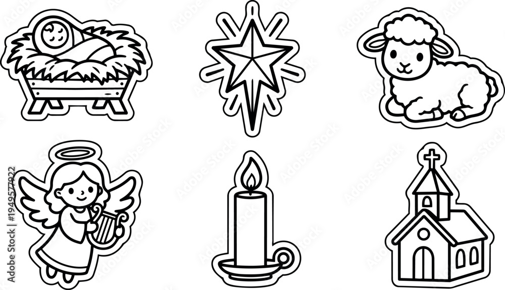 Obraz premium Black and white vector icons of nativity baby jesus lamb angel candle church star set simple line art