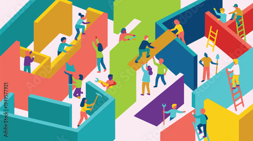 Colorful Maze with People Navigating Pathways.