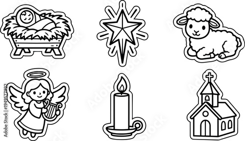 Black and white vector icons of nativity baby jesus lamb angel candle church star set simple line art