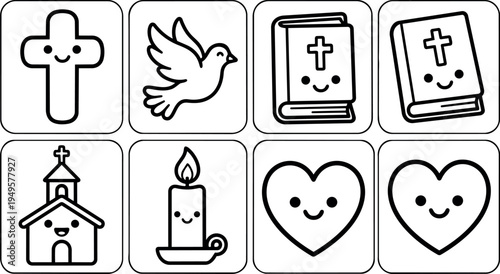 Cute kawaii style religious icons including smiling cross dove holy bible church candle and heart vector art set