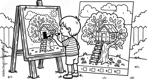 Black and white line art boy painting a tree house color by number on easel outdoor backyard scene clear outline