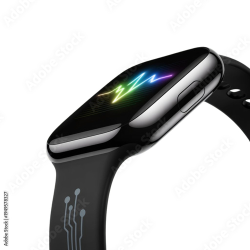 A smartwatch displaying vibrant digital interface with black sport band