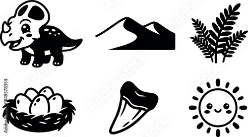 Cute cartoon triceratops dinosaur with eggs nest tooth mountain and smiling sun silhouette vector icons