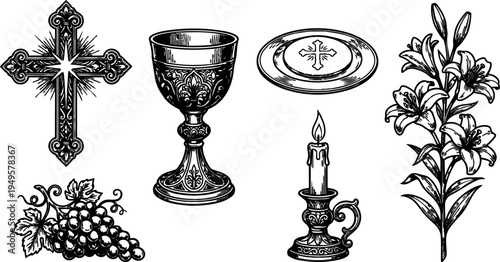 Religious vector art with ornate cross chalice communion plate candle lily flower detailed vintage style isolated elements