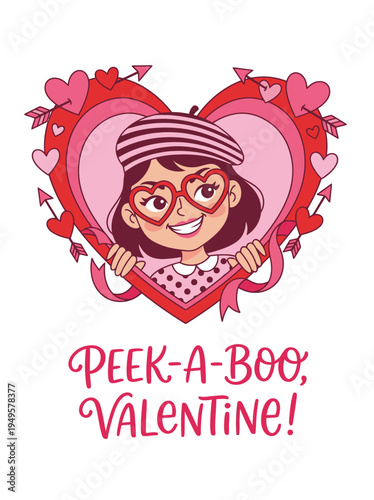 Valentines Day Girl with Heart Frame and Glasses.