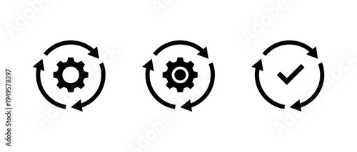 Gear sync icon set. System update symbol. Workflow automation sign