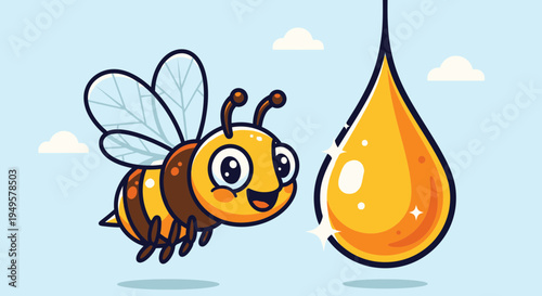 Cartoon bee flying to honey drop.