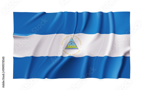Realistic Nikaragua country flag isolated on a transparent background. Silk atlas detailed fabric flag. Vector PNG
