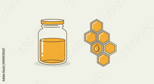 Glass jar with honey and honeycomb.