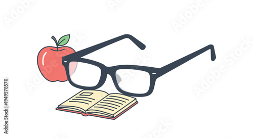 Glasses and book with red apple.