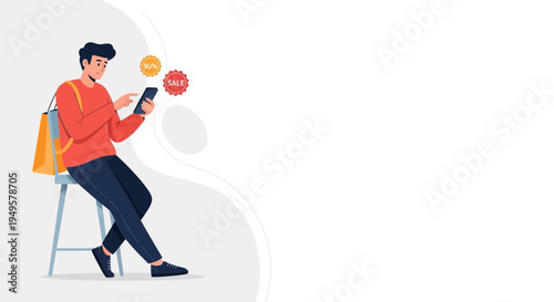 Man using smartphone for online shopping with sale and discount icons, shopping bag