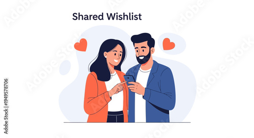 Couple Using Smartphone for Shared Wishlist, Love Hearts Illustration