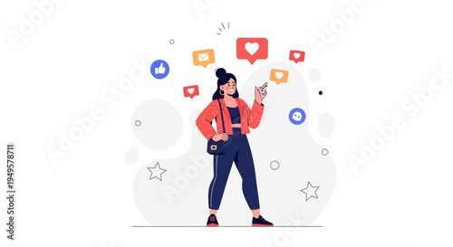 Woman with social media icons, likes, hearts, and messages, vector illustration