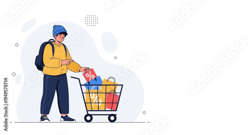 Man with Shopping Cart Full of Bags and Percentage Signs, Shopping Concept