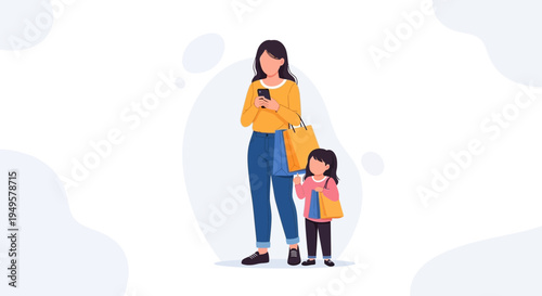 Mother and Daughter Shopping Together, Woman Using Phone, Carrying Bags