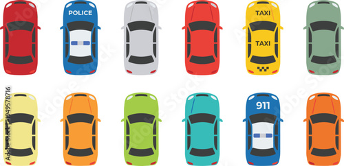 City vehicle illustration collection featuring police cars, taxis, colorful automobiles, urban transport top-down view vector design