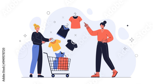 Shopping for clothes: two women choosing t-shirts and putting them in a shopping cart.