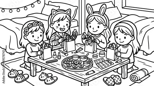Black and white line art of four girls wearing animal headbands sitting around low table making crafts with cookies and makeup items in bedroom