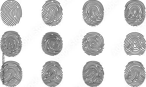 Fingerprint pattern collection featuring loops, whorls, arches, biometric identification ridge designs, forensic black and white vector illustration