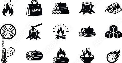 Firewood and fire icon collection featuring logs, stumps, flames, campfire, axe, thermometer, vector illustration black and white design