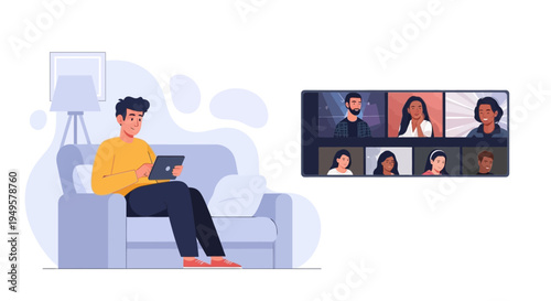 Man on Sofa Video Calling Friends on Tablet, Online Communication Concept