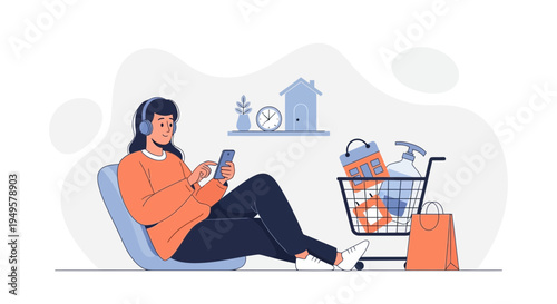 Woman Relaxing with Smartphone and Shopping Cart, Online Shopping Concept