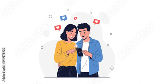 Couple Looking at Smartphone with Social Media Likes and Hearts Floating Around Them