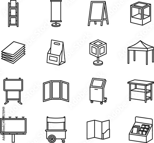 Promotional display icon collection featuring shelves, banners, kiosks, brochures, billboards, tents, counters, marketing vector illustration