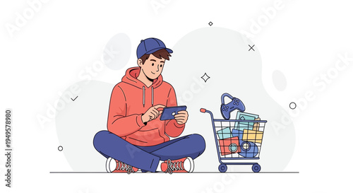 Young man playing mobile game with shopping cart full of items