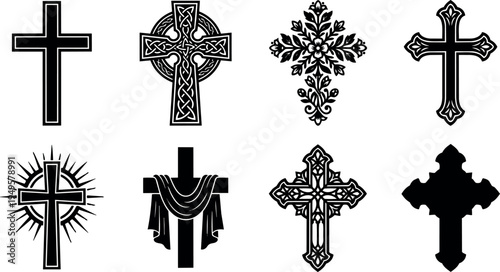 Black and white vector art set of eight unique religious christian crosses with decorative and plain styles