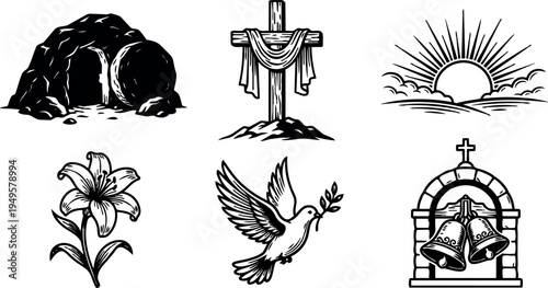 Black and white religious symbols collection featuring resurrection cave cross with cloth sunrise flower dove with olive branch and church bells vector art
