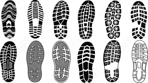 Shoe sole print illustration collection featuring athletic, hiking, casual, work boot tread patterns, forensic footwear vector design