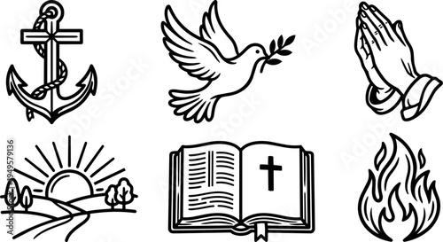 Black line art religious symbols anchor dove praying hands sunrise bible fire vector set collection