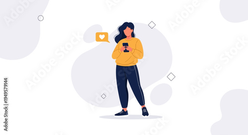 Woman using smartphone, receiving a notification with a heart icon, flat design