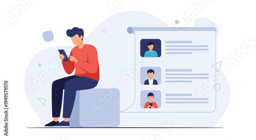 Man using smartphone with profile list on screen, online profile management concept