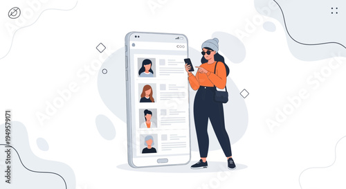 Woman Using Smartphone with User Profiles on Screen, Online Dating or Social Network Concept