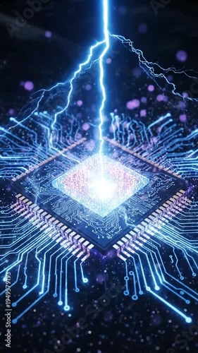 A powerful blue lightning bolt striking a glowing microchip with intricate circuit lines.