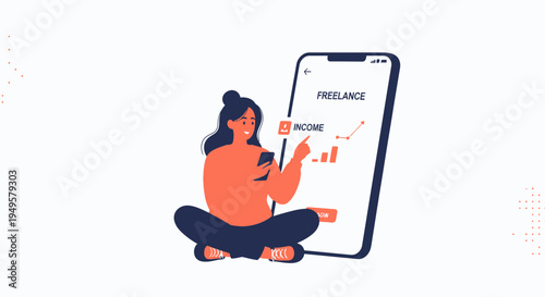 Freelancer checking income on smartphone app with growth chart, sitting cross-legged