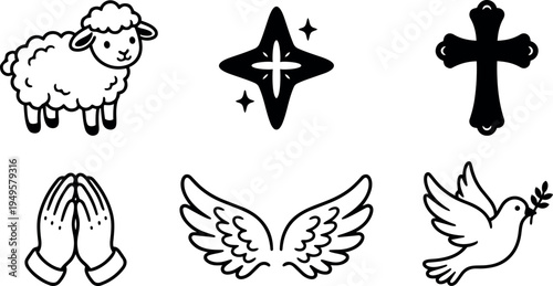 Minimalist black and white religious vector icon set including lamb shining star cross praying hands wings and dove holding olive branch