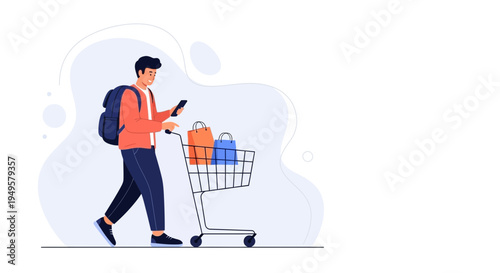 Man with shopping cart and phone, modern illustration, online shopping concept