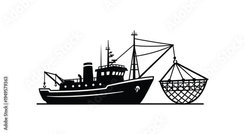Black and white illustration of a shrimp trawler vessel at sea