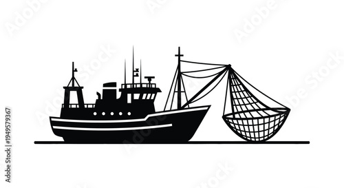 Black and white illustration of a shrimp boat with a large net