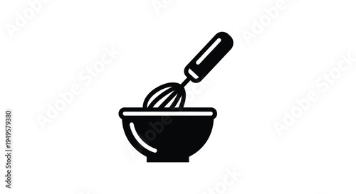 A simple black and white illustration of a bowl with a whisk inside