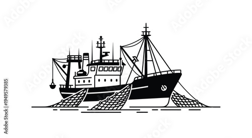 Black and white illustration of a fishing trawler at sea
